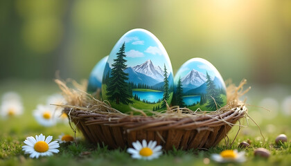 Design an Easter egg painted with a hand-drawn mountain landscape — blue skies, green fields, crystal lakes, and pine trees wrapping around the curved shell. The egg should be placed in a wooden 