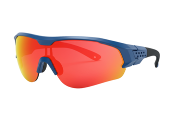 Isolated stylish sports cycling sunglasses with blue frame and red lenses for protection