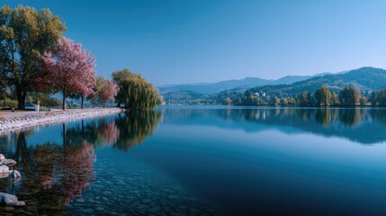 Obraz premium Scenic Calm Lake with Reflections of Autumn Trees and Distant Mountains in Clear Blue Sky Landscape