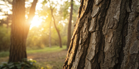 Obraz premium Tree bark texture sunlight glow forest nature outdoor environment natural wood surface warm light