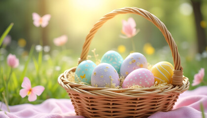 Draw a vibrant basket of pastel Easter eggs, each uniquely designed with bright patterns like polka dots, chevrons, floral motifs, and stripes in happy colors — mint green, soft pink, lemon yellow, 
