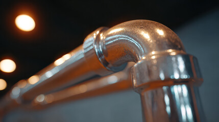 Industrial Piping: A detailed study of metallic pipework, with elegant curves and joints, illuminated by warm light, providing a showcase of industrial design and functionality.