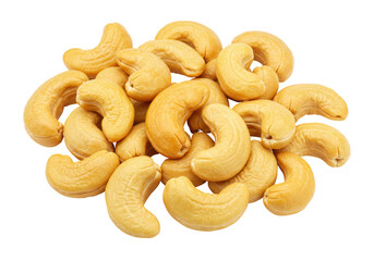 Isolated pile of fresh cashew nuts, roasted snack food concept, healthy vegetarian option