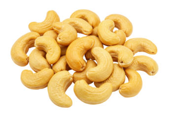 Isolated pile of fresh cashew nuts, roasted snack food concept, healthy vegetarian option
