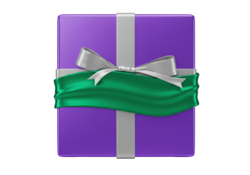 Isolated purple gift box with ribbons and a bow tied on top ready to celebrate a holiday