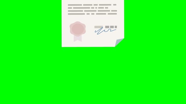 Animation loop of a repossession document appearing from the bottom to be placed in the center, then disappearing upwards on green screen with alpha channel in flat design style (landscape)