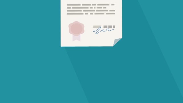 Animation loop of a repossession document appearing from the bottom to be placed in the center, then disappearing upwards on blue background with long shadow in flat design style (landscape)