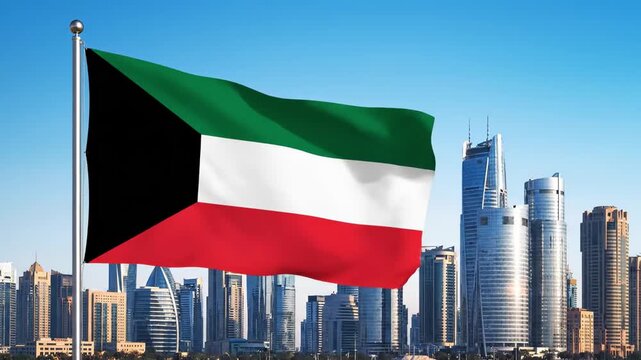 The Kuwaiti flag waving in the wind against a Kuwait City cityscape.	