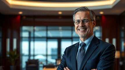 Smiling older manager or investor, happy middle aged business man boss, confident mid adult professional businessman executive standing in office, mature entrepreneur portrait