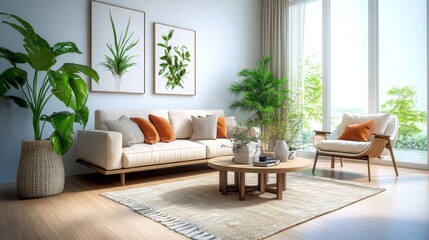 Elegant Scandinavian Living Room Decor with Cozy Sofa, Stylish Furniture, and Inviting Atmosphere