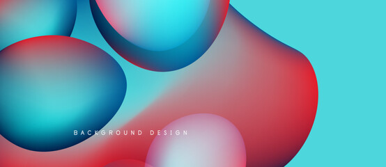 Abstract fluid shapes overlap, creating vibrant color gradients. Blue, red, turquoise dominate design. Background suggests modern aesthetic.