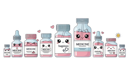 Cute Kawaii Medicine Bottles with Happy Faces and Pink Liquid.