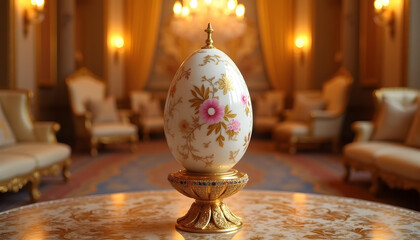 Design a royal-themed Easter egg standing upright with floral carvings climbing its glossy surface. The egg is white porcelain with elegant gold filigree and pastel flower inlays.
