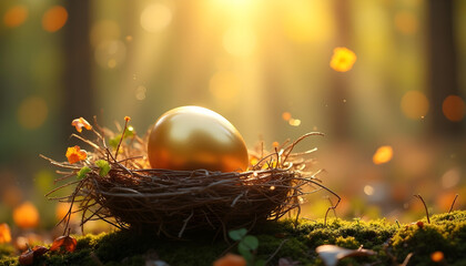 Imagine a golden egg nestled in a delicate bird’s nest made of shimmering twigs and glittering leaves. The egg glows softly with warm metallic light and rests in a peaceful spring forest setting. 