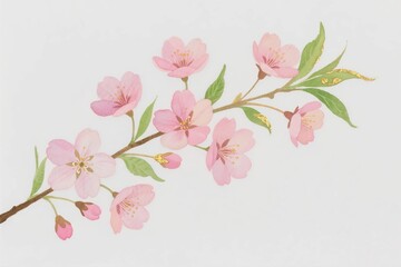 Fototapeta premium Delicate Pink Cherry Blossom Branch with Golden Leaves and Buds, Watercolor Painting on White Canvas for Spring Floral Decor and Japanese Art Inspiration