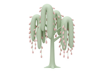Isolated cartoon stylized weeping willow tree render, with pink buds and light green branches.