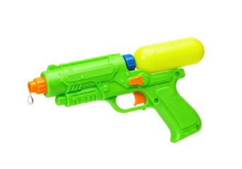 Isolated brightly colored plastic squirt gun with a water droplet at the end of the barrel