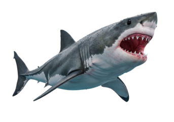 Isolated great white shark underwater with mouth open, showing teeth for attack or predation