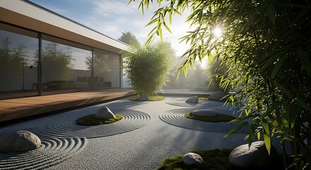 A serene zen garden with a contemporary house, featuring meticulously arranged sand patterns, large stones, and lush greenery.