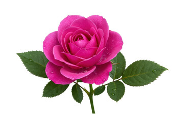 Isolated dark pink rose on stem with water droplets, flower blossom with green leaves