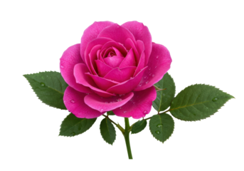 Isolated dark pink rose on stem with water droplets, flower blossom with green leaves