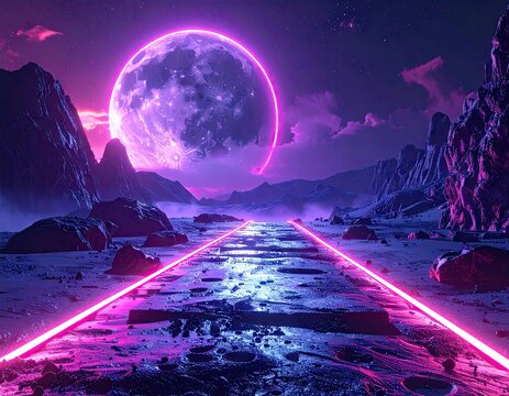 Neon Moonlit Landscape with Futuristic Pathway - Powered by Adobe