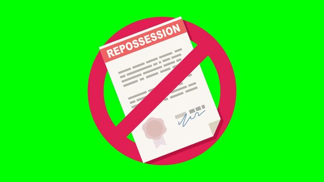 Appearance of a crossed out red circular prohibition symbol on a repossession document on green screen with alpha channel in flat design style