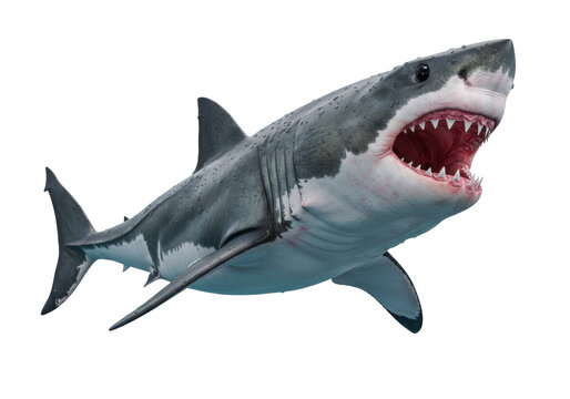 Isolated great white shark underwater with mouth open, showing teeth for attack or predation