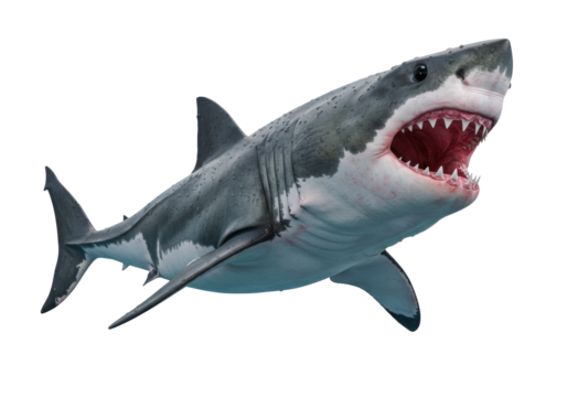 Isolated great white shark underwater with mouth open, showing teeth for attack or predation