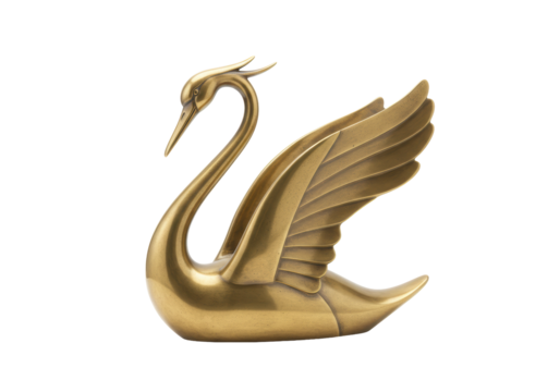 Isolated swan art, elegant statue, graceful bird, ornate detail, home decor, metallic golden
