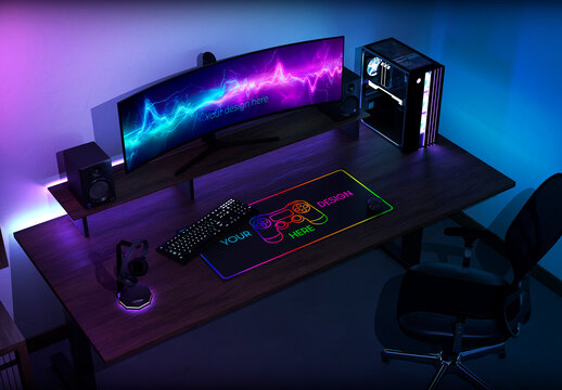 Curved Ultrawide Gaming Monitor And Desk Mat Mockup