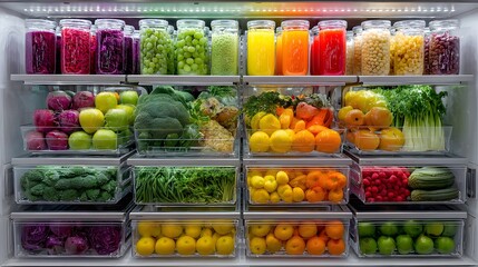 Impeccably organized modern refrigerator filled with clear containers. It showcases a rainbow of fresh fruits and vegetables to promote healthy eating.