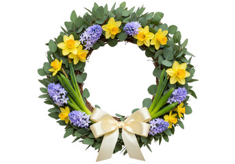 Isolated Easter door wreath with yellow daffodils, hyacinths, eucalyptus and ribbon bow
