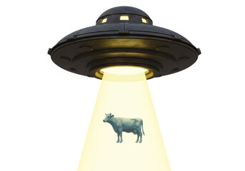 Isolated depiction of a UFO abducting a cow with a glowing beam of light effect © Sophie