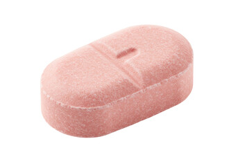 Isolated oblong pink pill with indentation for splitting, medicine tablet for treatment