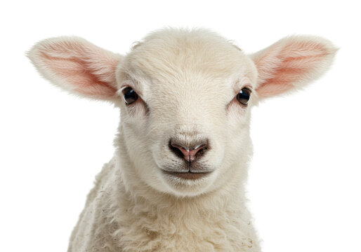 Isolated Young Lamb, Close Up Headshot, Cute Baby Farm Animal, Innocence, Woolly Coat