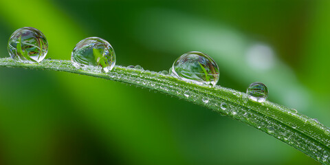 close up of dew drops on fresh green grass blade
