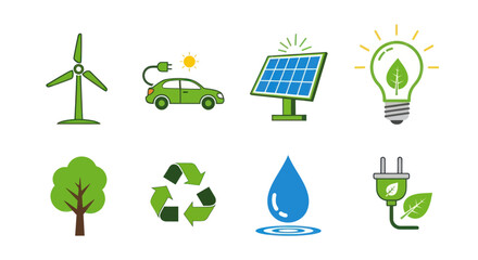 Green Energy Icons: Renewable Sources and Sustainability Symbols.