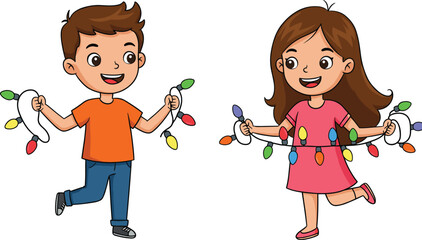 Cartoon children with Christmas lights, festive decorations, holiday celebration, colorful bulbs, cheerful kids, winter fun, joyful scene, playful moment, seasonal joy