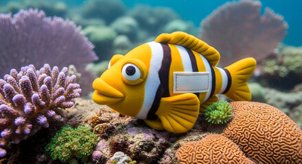Fototapeta premium Cheerful cartoon fish swims among colorful coral reef, bringing a playful underwater vibe to your project, perfect for kids' content and educational materials