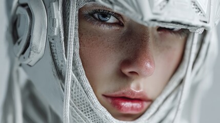 Futuristic Female Portrait with Cybernetic Headgear in a Minimalist Style