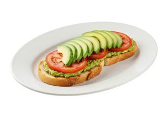 Isolated avocado toast with tomato slices and mashed avocado, a healthy vegetarian snack