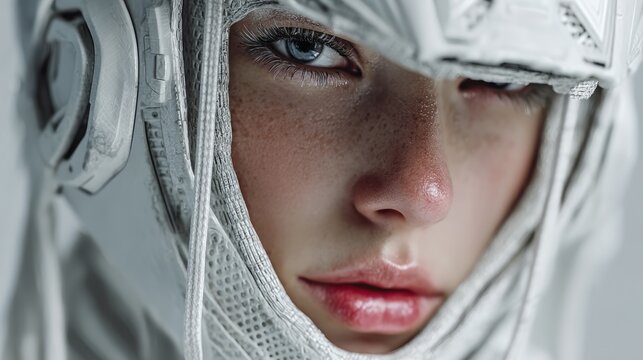 Futuristic Female Portrait with Cybernetic Headgear in a Minimalist Style