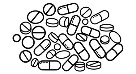 Assortment of Various Pills and Capsules Outlined in Black.
