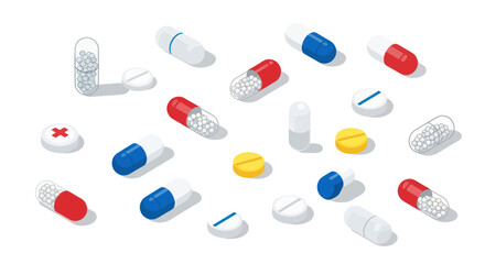 Assorted Colorful Pills and Capsules Scattered on Surface.