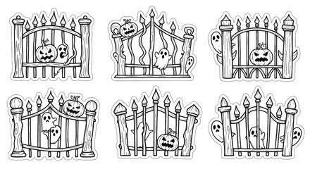 Fototapeta premium A collection of six hand-drawn, black and white illustrations of spooky Halloween gates adorned with jack-o'-lanterns and ghosts.