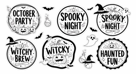 Fototapeta premium Halloween themed circular graphic design elements, featuring spooky phrases and images like pumpkins, bats, witches hats, ghosts, and spooky drinks.