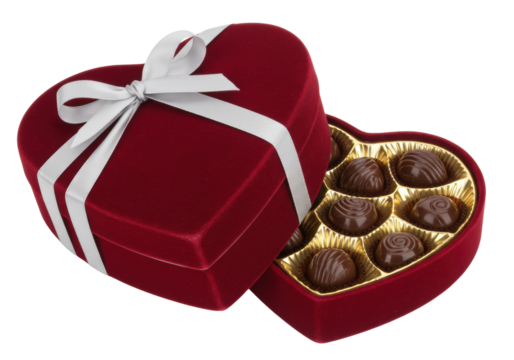 Isolated heart-shaped box of chocolate candy with a ribbon for Valentine's Day present