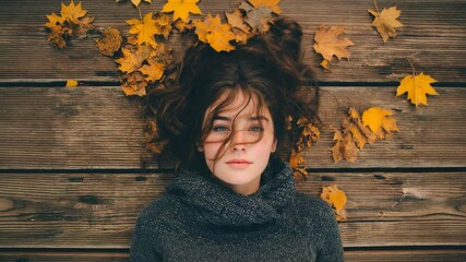 Relaxed woman lying on autumn leaves
