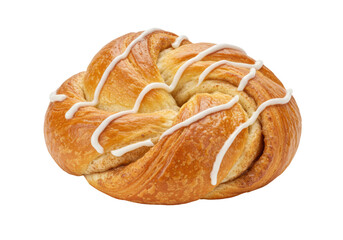 Isolated cinnamon swirl bun with glaze, a delicious Scandinavian dessert pastry sweetbread